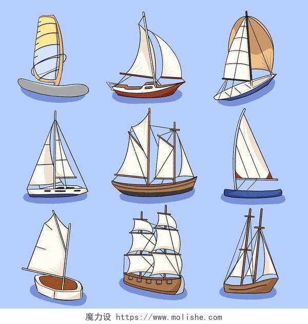 帆船套图儿童卡通插画海上帆船冲浪航海PNG素材